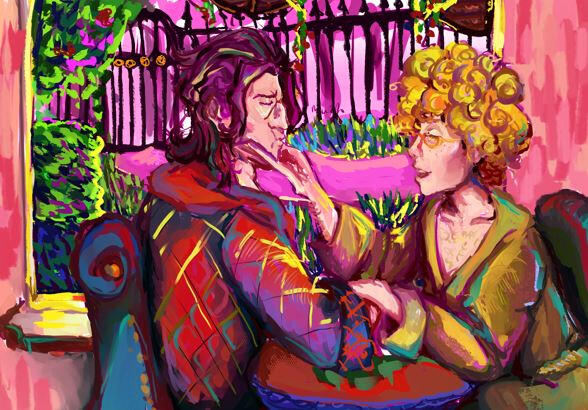 half body, two characters, complex background